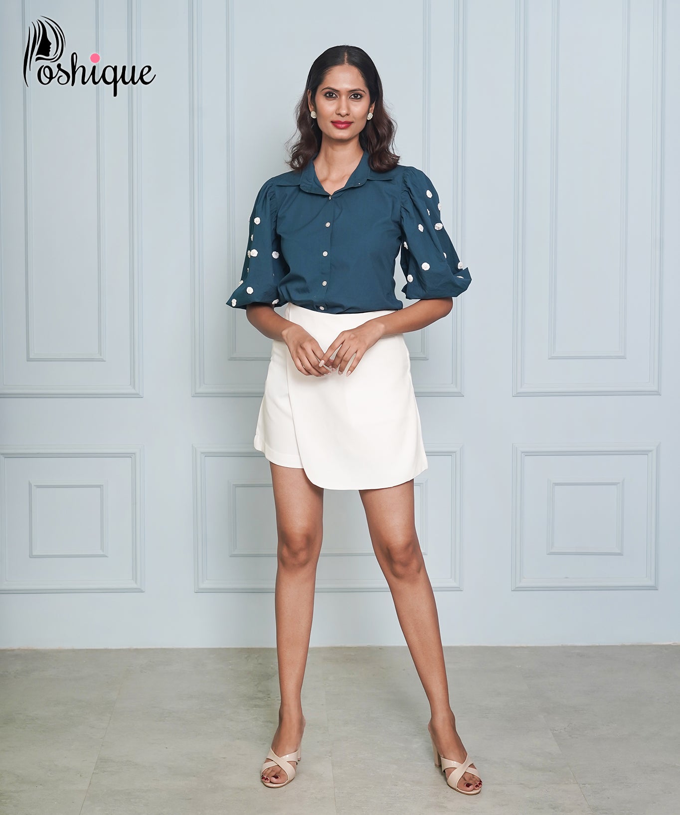Poshique Pearl Embellished Puff Sleeve Shirt